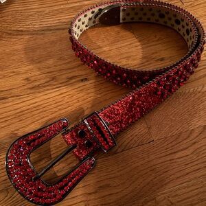 Red Strap w/Red Studded Rhinestone BB Belt with Silver Red Buckle, 40”, EUC
